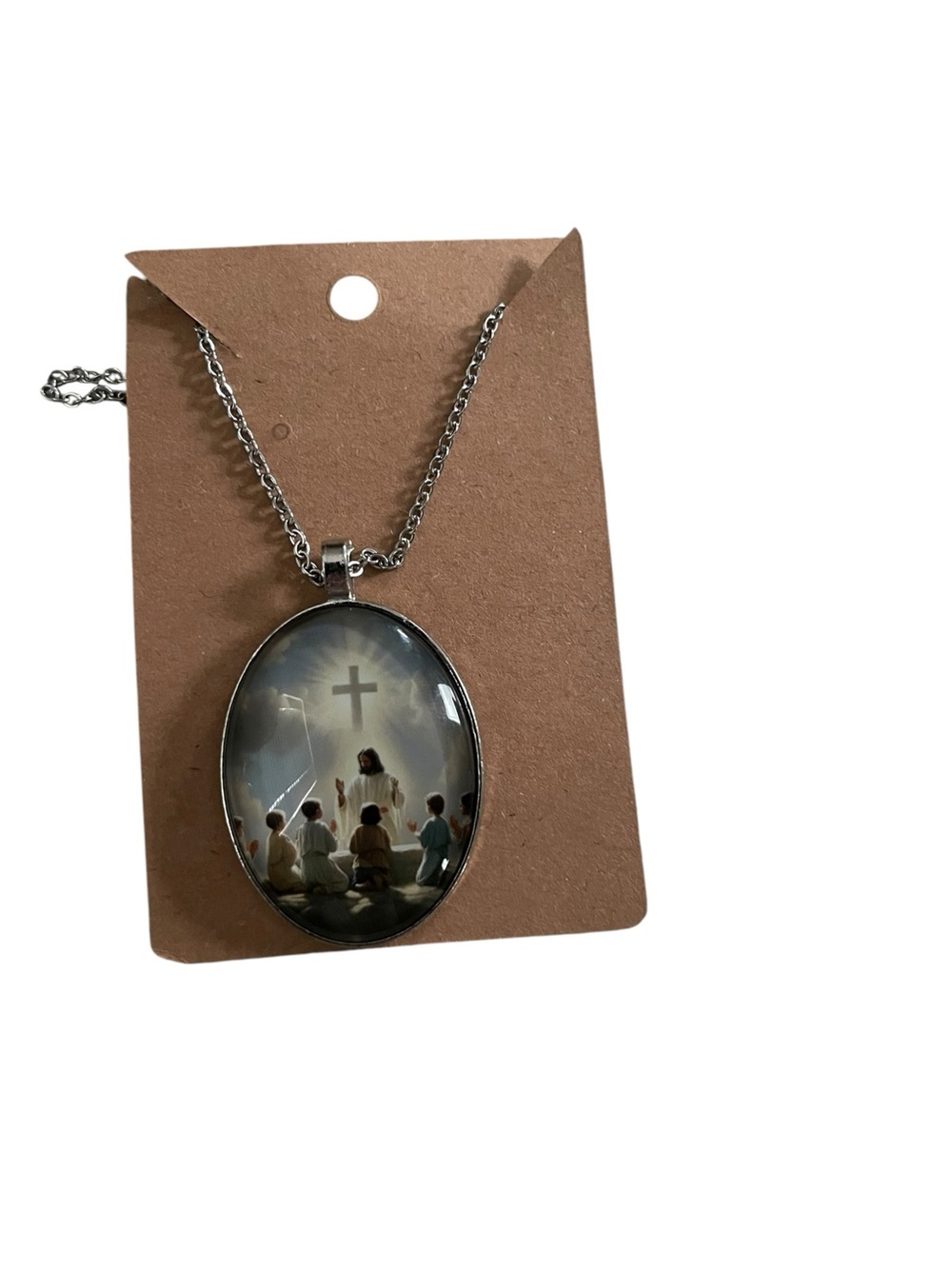 Silver Tone Religious Oval Pendant Necklace with Cross Scene NWOT